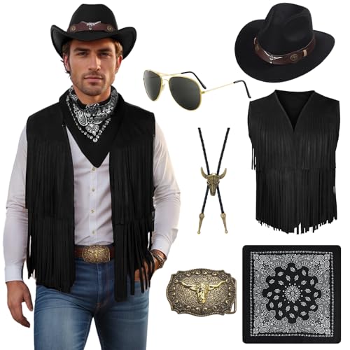 Matreeglam Cowboy Kostüm für Herren, Western Cowboy Kostüm Set mit Fransenweste Hut Halstuch Brille, Herren Hippie Kostüm für Karneval Halloween Cosplay (Schwarz, 2XL) von Matreeglam