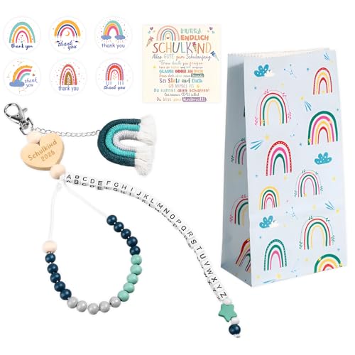 Matreeglam Einschulung Geschenk Mädchen Rechenkette Schultüte Füllung Rechenkette 2025 Einschulung Geschenk Glücksbringer mit Grußkarte Regenbogen Papiertüten Regenbogen Aufkleber (Blau) von Matreeglam