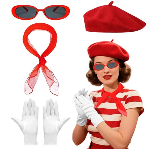 Matreeglam Französisches Kostüm für Damen und Herren, 40er-/50er-Jahre-Stil, Retro-Party-Zubehör-Set, Halloween, Cosplay, Partyzubehör, Schulverkleidungstag (Damen) von Matreeglam