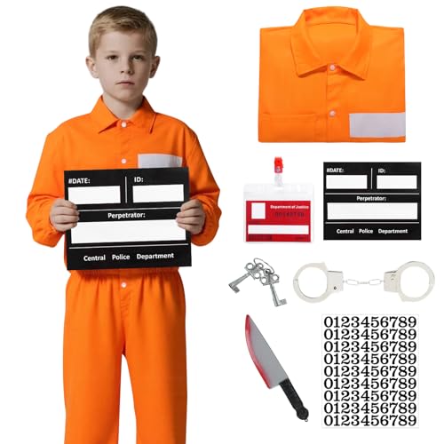 Matreeglam Häftlinge Kostüm Unisex Erwachsene, Gefangener Overall, Orange Jumpsuit Damen Herren, Sträflingskostüm Verkleidung für Halloween Cosplay (Orange-Kid, 150) von Matreeglam