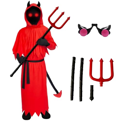 Matreeglam Halloween Horror Kostüm Kinder Unisex Teufel Schrei Sensenmann Outfit Zubehör mit Umhang Dreizack Brille für Halloween Karneval Cosplay Party Dämonen Dress Up (Rot, L) von Matreeglam