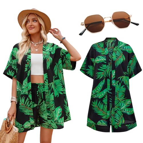 Matreeglam Hawaii Kurzarm Hemd Herren, Floral Freizeithemd mit Kurze Hosen Sonnenbrille, Hawaii Shirt, Stilvolle Herrenhemden für Sommer Urlaub Reise Strand (Grün, S) von Matreeglam