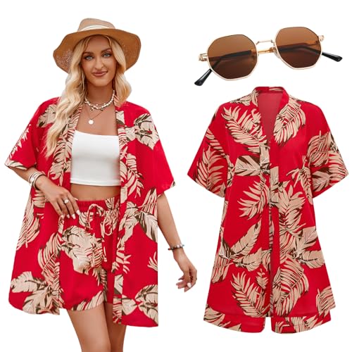 Matreeglam Hawaii Kurzarm Hemd Herren, Floral Freizeithemd mit Kurze Hosen Sonnenbrille, Hawaii Shirt, Stilvolle Herrenhemden für Sommer Urlaub Reise Strand (Rot, M) von Matreeglam