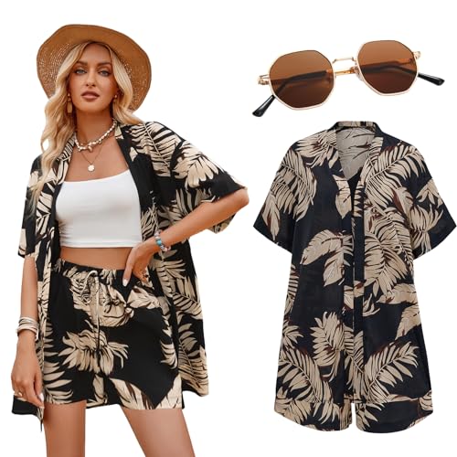 Matreeglam Hawaii Kurzarm Hemd Herren, Floral Freizeithemd mit Kurze Hosen Sonnenbrille, Hawaii Shirt, Stilvolle Herrenhemden für Sommer Urlaub Reise Strand (Schwarz, XL) von Matreeglam
