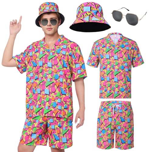 Matreeglam Herren Hawaii-Hemd Shorts Set Sommer Kurze Hemden Klassische Print Shirts mit Eimerhut Brille für tropischen Strandurlaub (Style3, M) von Matreeglam