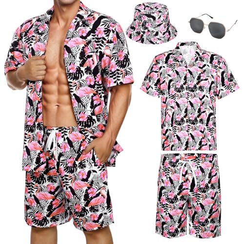 Matreeglam Herren Hawaii-Hemd Shorts Set Sommer Kurze Hemden Klassischer Druck Shirts mit Eimerhut Brille für Tropischen Strandurlaub (Style4, 2XL) von Matreeglam