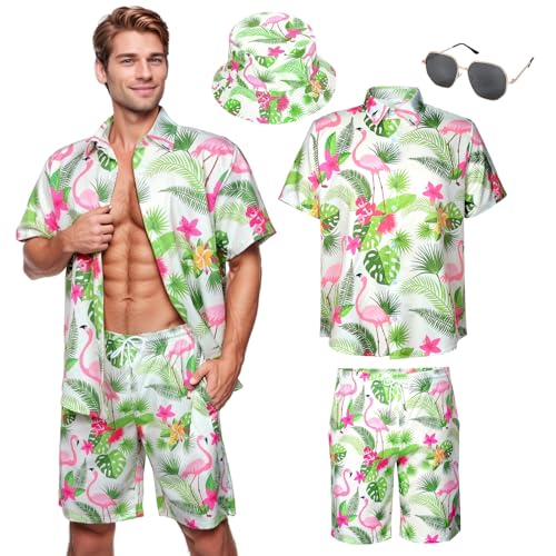 Matreeglam Herren Hawaii-Hemd Shorts Set Sommer Kurze Hemden Klassischer Druck Shirts mit Eimerhut Brille für Tropischen Strandurlaub (Style7, 3XL) von Matreeglam