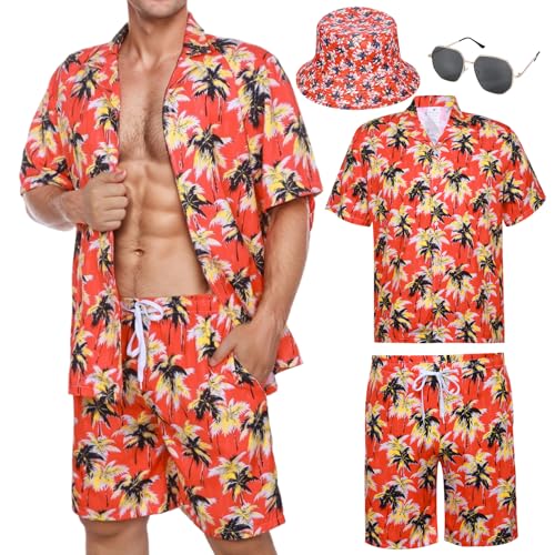 Matreeglam Herren Hawaii-Hemd Shorts Set Sommer Kurze Hemden Klassischer Druck Shirts mit Eimerhut Brille für tropischen Strandurlaub (Style6, M) von Matreeglam