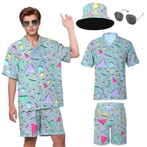 Matreeglam Herren Hawaiihemd Shorts Set Sommer Kurze Hemden Klassische Print Shirts mit Eimerhut Brille für tropischen Strandurlaub (Style1, L) von Matreeglam