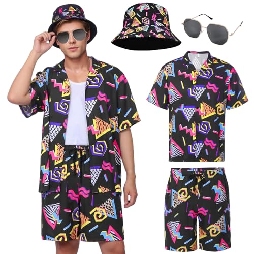 Matreeglam Herren Hawaiihemd Shorts Set Sommer Kurze Hemden Klassische Print Shirts mit Eimerhut Brille für tropischen Strandurlaub (Style2, L) von Matreeglam