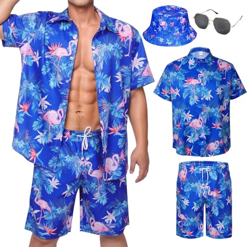 Matreeglam Herren Hawaiihemd Shorts Set Sommer Kurze Hemden Klassische Print Shirts mit Eimerhut Brille für tropischen Strandurlaub (Style8, L) von Matreeglam