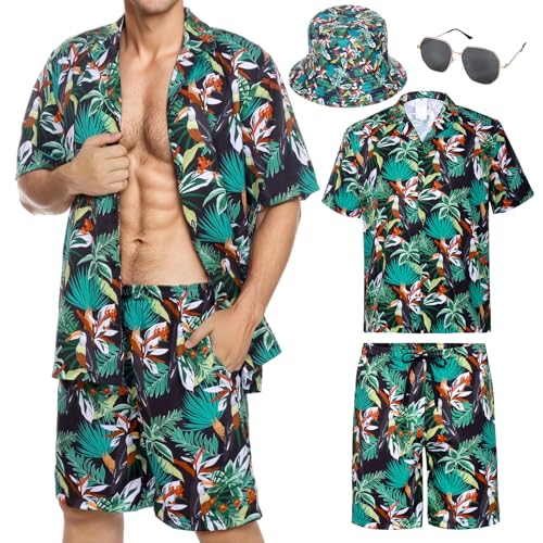 Matreeglam Herren Hawaiihemd Shorts Set Sommer Kurze Hemden Klassischer Druck Shirts mit Eimerhut Brille für Tropischen Strandurlaub (Style5, XL) von Matreeglam
