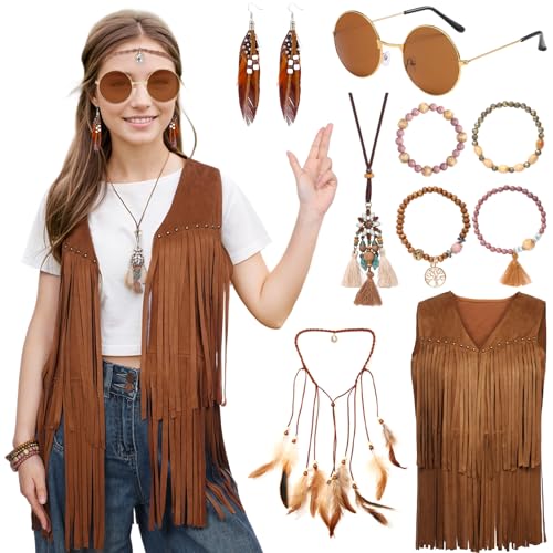 Matreeglam Hippie Kostüm Damen Set 60er 70er Weste Hippie Kleidung Damen Mädchen mit Disco Boho Fransenweste Sonnenbrille Bohemian Outfit Accessoires für Halloween Karneval Cosplay Party (S) von Matreeglam