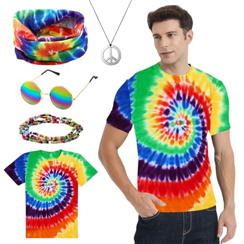 Matreeglam Hippie Kostüm Set für Herren & Damen, 80er Jahre Hippie Kostüm T-Shirts mit Bunt Stirnbänder Hippie Accessoires, 60er 70er Jahre Outfit Erwachsene für Karneval Mode Thema Party (Stil 1, M) Matreeglam Hippie Kostüm Set für Herren & Damen, 80er Jahre Hippie Kostüm T-Shirts mit Bunt Stirnbänder Hippie Accessoires, 60er 70er Jahre Outfit Erwachsene für Karneval Mode Thema Party (Stil 1, M) von Matreeglam