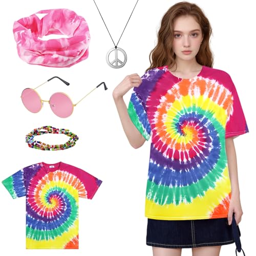 Matreeglam Hippie Kostüm Set für Herren & Damen, 80er Jahre Hippie Kostüm T-Shirts mit Bunt Stirnbänder Hippie Accessoires, 60er 70er Jahre Outfit Erwachsene für Karneval Mode Thema Party (Stil 3, L) Matreeglam Hippie Kostüm Set für Herren & Damen, 80er Jahre Hippie Kostüm T-Shirts mit Bunt Stirnbänder Hippie Accessoires, 60er 70er Jahre Outfit Erwachsene für Karneval Mode Thema Party (Stil 3, L) von Matreeglam
