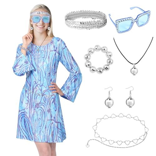 Matreeglam Hippies Kostüm Set für Damen 60er 70er Jahre Verkleidung Hippie Damen Kleid Retro Hippie Zubehör mit Sonnenbrille Stirnband für Karneval Mottoparty (Blau, L) von Matreeglam
