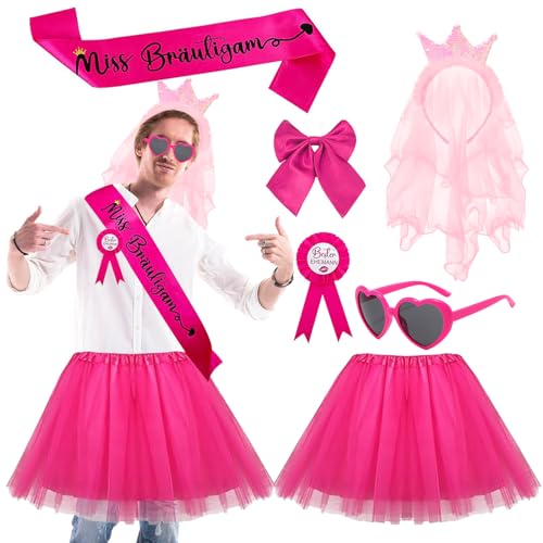 Matreeglam JGA Kostüm Set Männer, Tutu-Kleid mit „Miss Bräutigam“ Schärpe, Junggesellenabschied Kostüm Zubehör für Hochzeit (rosa red) von Matreeglam