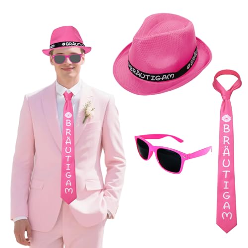 Matreeglam JGA Männer Kostüm Set Herren Junggesellenabschied Kostüm mit Rosa Hut, binden, Sonnenbrille, JGA Party Zubehör Männer Hochzeit Deko (Rosa) von Matreeglam