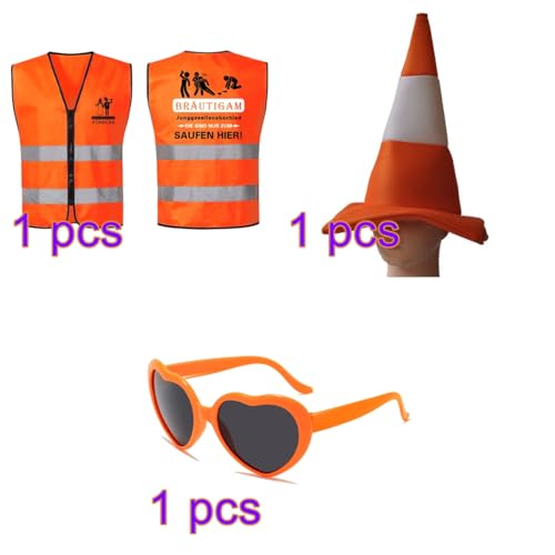 Matreeglam Junggesellenabschied JGA Kostüm Set JGA Weste Accessoires mit Männer Warnweste Hut Orange Herz Partybrille für Karneval Cosplay Mottoparty Matreeglam Junggesellenabschied JGA Kostüm Set JGA Weste Accessoires mit Männer Warnweste Hut Orange Herz Partybrille für Karneval Cosplay Mottoparty von Matreeglam