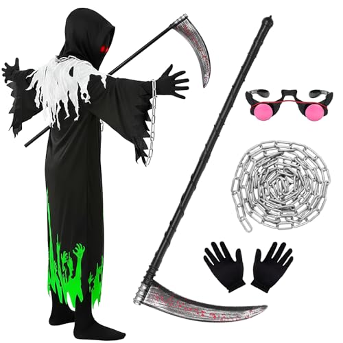 Matreeglam Sensenmann-Kostüm für Erwachsene und Kinder, Halloween-Kostüme Set mit Handschuhen und Brille, Faschingskostüm für Halloween, Cosplay, Party (Schwarz, 140) von Matreeglam