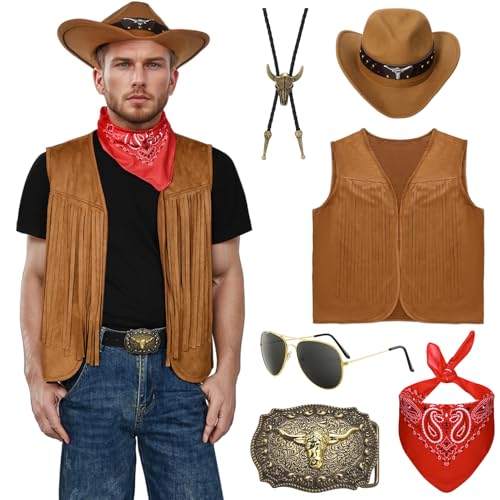 Matreeglam Western-Cowboy-Kostüm für Herren, West-Cowboy-Outfit-Set mit Quaste, Weste, Cowboyhut, Brille, Bandana, Cowboy-Outfits, Verkleidung für Karneval, Halloween, Cosplay (Braun, Größe 2XL) von Matreeglam