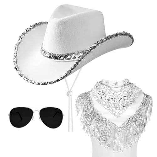 Matreeglam Western Cowboyhut Fasching Zubehör für Damen Herren Erwachsene Texanischer Cowboyhut mit Bandana Brille Halloween Party Zubehör Country Western Rancher Wild West (Weiß) von Matreeglam