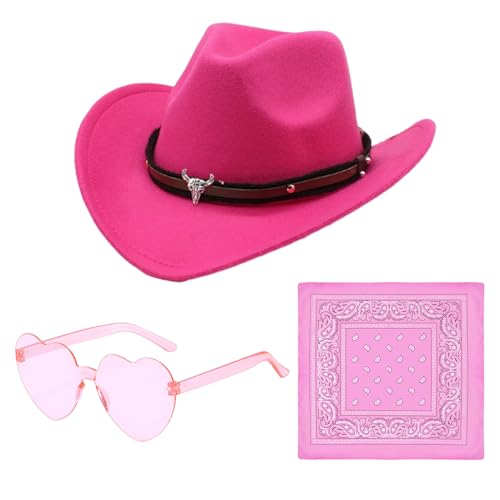 Matreeglam Western Cowboyhut Verkleidung Zubehör für Damen Herren Erwachsene Texanischer Cowboyhut mit Bandana Brille Halloween Party Zubehör Country Western Rancher Wild West (Rosa) von Matreeglam