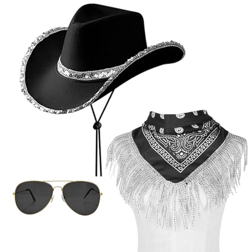 Matreeglam Western Cowboyhut Verkleidung Zubehör für Damen Herren Erwachsene Texanischer Cowboyhut mit Bandana Brille Halloween Party Zubehör Country Western Rancher Wild West (Schwarz) von Matreeglam