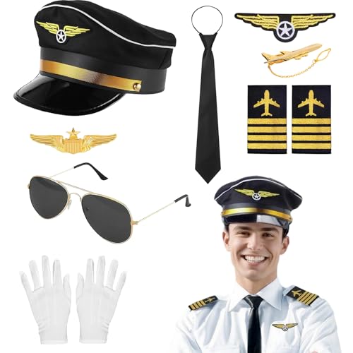 Pilotenhut-Kostüm-Set für Erwachsene, Flugbegleiter, Kostüm-Set, Kapitänsparty, Cosplay, Zubehör, Fluggesellschaft, Stewardess, Kostüm, Hut, Brosche, Handschuhe, Sonnenbrille für Halloween von Matreeglam