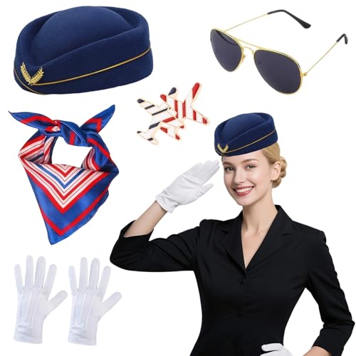 Pilotenhut-Kostüm-Set für Erwachsene, Flugbegleiter, Kostüm-Set, Kapitänsparty, Cosplay, Zubehör, Fluggesellschaft, Stewardess, Kostüm, Hut, Brosche, Handschuhe, Sonnenbrille für Halloween von Matreeglam