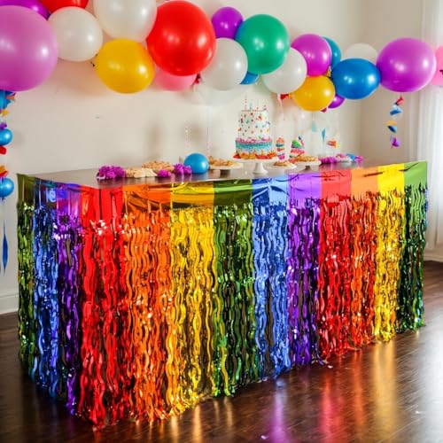 Regenbogen-Party-Dekorationen, Regenbogen-Folie, Fransen-Tischröcke, Regenbogen-Fransen, Tischröcke für Geburtstag, Hochzeit, Brautparty, Einhorn, Stolz, Party, Restaurant, Dekorationen, 2 Stück Regenbogen-Party-Dekorationen, Regenbogen-Folie, Fransen-Tischröcke, Regenbogen-Fransen, Tischröcke für Geburtstag, Hochzeit, Brautparty, Einhorn, Stolz, Party, Restaurant, Dekorationen, 2 Stück von Matreeglam