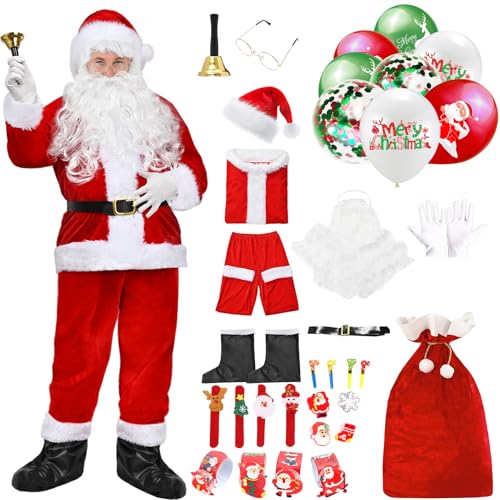 Weihnachtsmann Kostüm für Erwachsene, Santa Costume Herren, Weihnachtsmannkostüm mit Mütze Bart Gürtel, Weihnachtskostüm Faschingskostüme für Weihnachten Karneval Cosplay (rot 1, M(150-165cm)) von Matreeglam