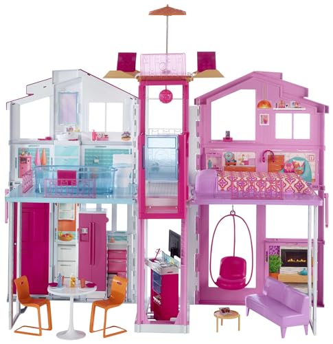 Barbie DLY32 - Stadthaus mit 3 Etagen, zusammenklappbar, viele Zubehörteile, Puppenhaus für Kinder ab 3 Jahren von Barbie