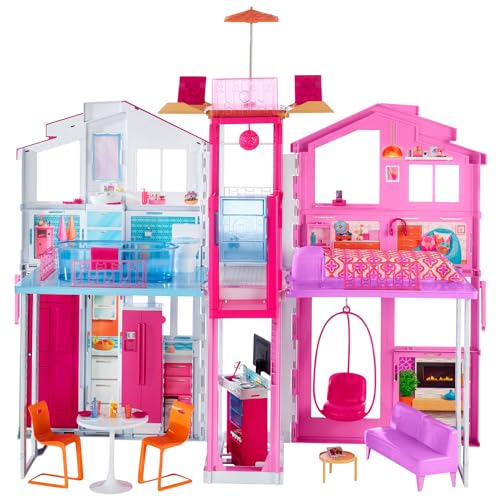 Barbie Haus Traumvilla, Stadthaus mit 3-Etagen und 5 Zimmern, inkl Zubehör wie Möbel, faltbar und aufbewahrbar, Spielzeug ab 3 Jahren, DLY32 von Barbie