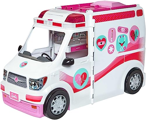 Barbie Krankenwagen, 2-in 1 inkl. aufklappbarem Krankenhaus-Spielset mit Licht und Geräuschen, 20x Barbie Zubehör wie Arztkoffer und Krücken, Spielzeug ab 3 Jahren, FRM19 von Barbie