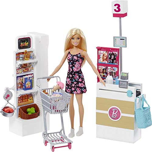 Barbie-Puppe, Supermarkt Barbie-Puppe mit blonden Haaren, Einkaufswagen, Kasse, Lebensmittelgeschäft Kasse, Einkaufstasche, Spielzeug Lebensmittel, Barbie Accessoires, Geschenke für Kinder 3 und älter,FRP01 von Barbie