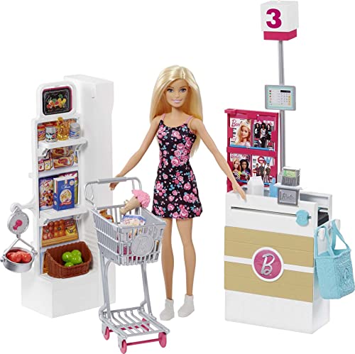 Barbie-Puppe, Supermarkt Barbie-Puppe mit blonden Haaren, Einkaufswagen, Kasse, Lebensmittelgeschäft Kasse, Einkaufstasche, Spielzeug Lebensmittel, Accessoires, Geschenke für Kinder 3 und älter,FRP01 Barbie-Puppe, Supermarkt Barbie-Puppe mit blonden Haaren, Einkaufswagen, Kasse, Lebensmittelgeschäft Kasse, Einkaufstasche, Spielzeug Lebensmittel, Accessoires, Geschenke für Kinder 3 und älter,FRP01 von Barbie