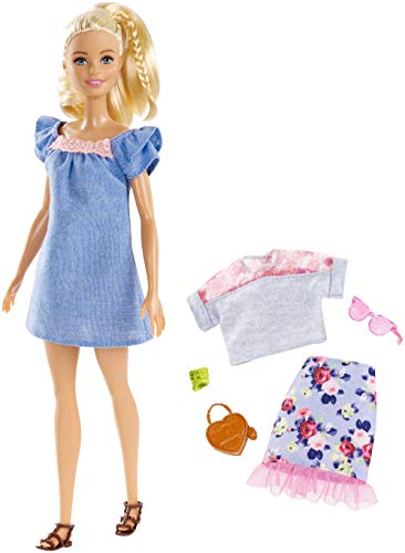 Mattel Barbie FRY79 Fashionistas Puppe mit Mode Geschenkset im blauen Kleid mit rosa Spitze von Barbie