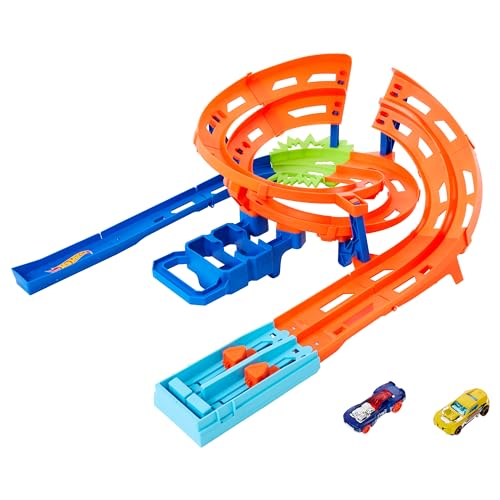 Hot Wheels Spielzeugauto-Trackset, Steilkurven-Rennstrecke, 2 Spielzeugautos im Maßstab 1:64, einfache Aufbewahrung, HTK17 von Mattel Games