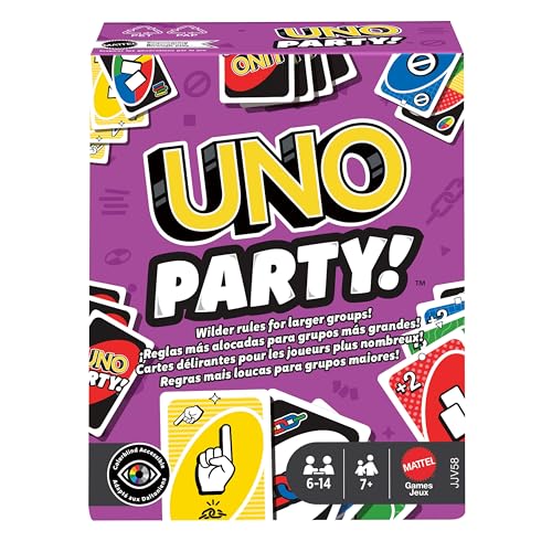 Mattel Games UNO Party Kartenspiel mit mit Karten und Sonderregeln für große Gruppen, für Kinder, Erwachsene und Spieleabende mit der Familie, 6 bis 14 Spieler, ab 7 Jahren, JJV58 von Mattel Games