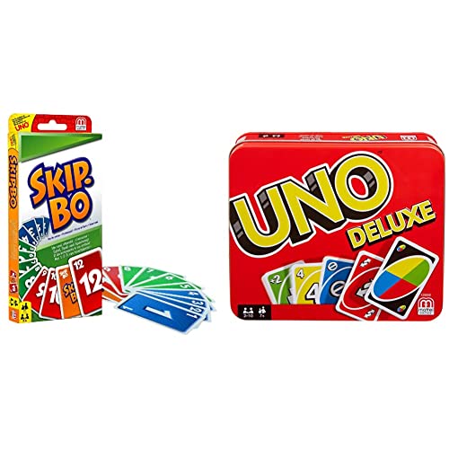 Mattel Games 52370 - Skip-BO Kartenspiel und Familienspiel geeignet für 2 - 6 Spieler, Spiel ab 7 Jahren & K0888 - UNO Deluxe, in exklusiver Verpackung mit Punkteblock, Sammlerdose, ab 7 Jahren von Mattel Games