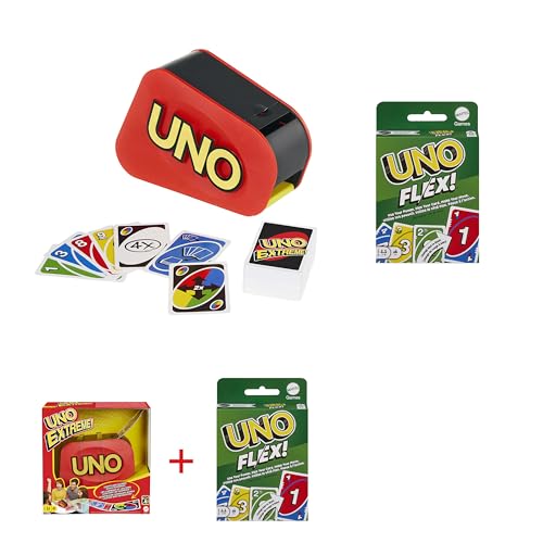 Mattel Games Bundle Pack - UNO Extreme! Kartenspiel (GXY75) + UNO Flex Kartenspiel (HMY99) mit Zufallsschleuder, Flex-Karten und Powerkarten für 2 bis 10 Spieler ab 7 Jahren von Mattel Games