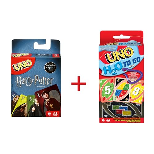 Mattel Games Bundle Pack - UNO H2O wasserfeste Karten (P1703) + Harry Potter Kartenspiel (FNC42) mit Sprechendem Hut und Hogwarts Figuren, für Kinder ab ab 7 Jahren von Mattel Games
