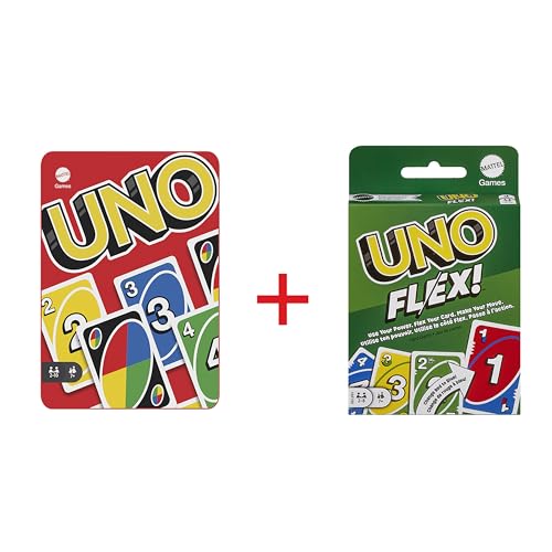 Mattel Games Bundle Pack - UNO-Kartenspiel (HGB63) + UNO Flex (HMY99) mit 112 Karten, Metallbox und Flex-Karten, exklusive Sammlerdose, Gesellschaftsspiel, Spielzeug für 2-6 Spieler ab 7 Jahren von Mattel Games