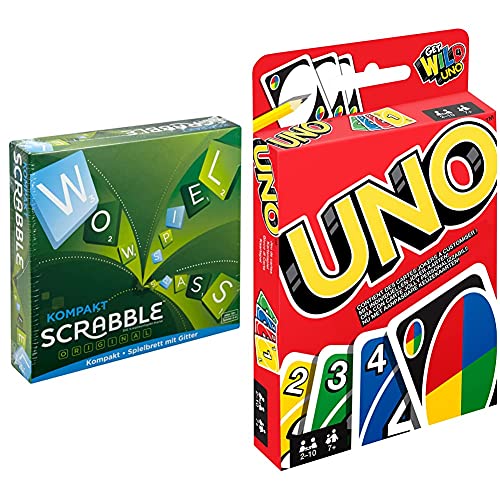 Mattel Games CJT13 Scrabble Kompakt Wörterspiel, Familienspiel geeignet für 2-4 Spieler & UNO Kartenspiel und Gesellschaftspiel, geeignet für 2-10 Spieler, Kartenspiele und Gesellschaftsspiele von Mattel Games