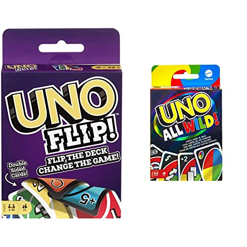 Mattel Games GDR44 - UNO Flip Kartenspiel, deutsche Sprachversion, ab 7 Jahren & HHL33 - UNO All Wild Kartenspiel mit 112 Karten, Kinderspiel, Familienspiel und Gesellschaftsspiel, ab 7 Jahren von Mattel Games