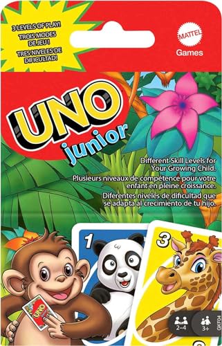 Mattel Games UNO Junior, UNO Kartenspiel, vereinfachte Version mit liebenswerten Zootieren und 3 Schwierigkeitsstufen, Spiele ab 3 Jahren, Perfekt als Reisespiel, ab 3 Jahre, GKF04 von Mattel Games