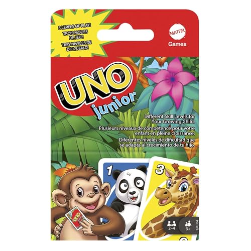 Mattel Games UNO Junior, UNO Kartenspiel, vereinfachte Version mit liebenswerten Zootieren und 3 Schwierigkeitsstufen, Spiele ab 3 Jahren, Perfekt als Reisespiel, ab 3 Jahre, GKF04 von Mattel Games