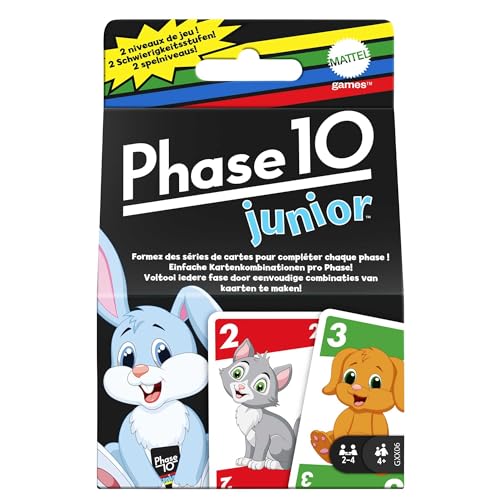 Mattel Games Phase 10 Junior - Rommé-artiges Spiel mit Mehreren Spielebenen, 56 Karten mit Tierbildern, für 2 bis 4 Spieler, für Kinder ab 4 Jahren, GXX06 von Mattel Games