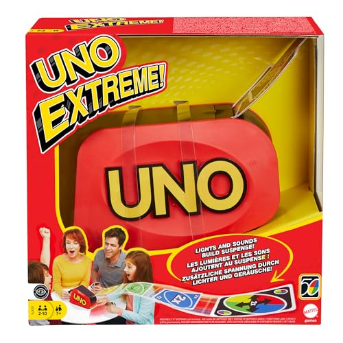 Mattel Games UNO Extreme!, Uno Kartenspiel für die Familie, mit Kartenwerfer, Perfekt als Kinderspiel, Reisespiel oder Spiel für Erwachsene, für 2-10 Spieler, ab 7 Jahren, GXY75 von Mattel Games